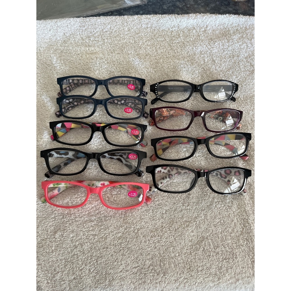 Lot of 9 Reading Glasses +3.25 Magnification Multi Color Patterned Frames Bundle